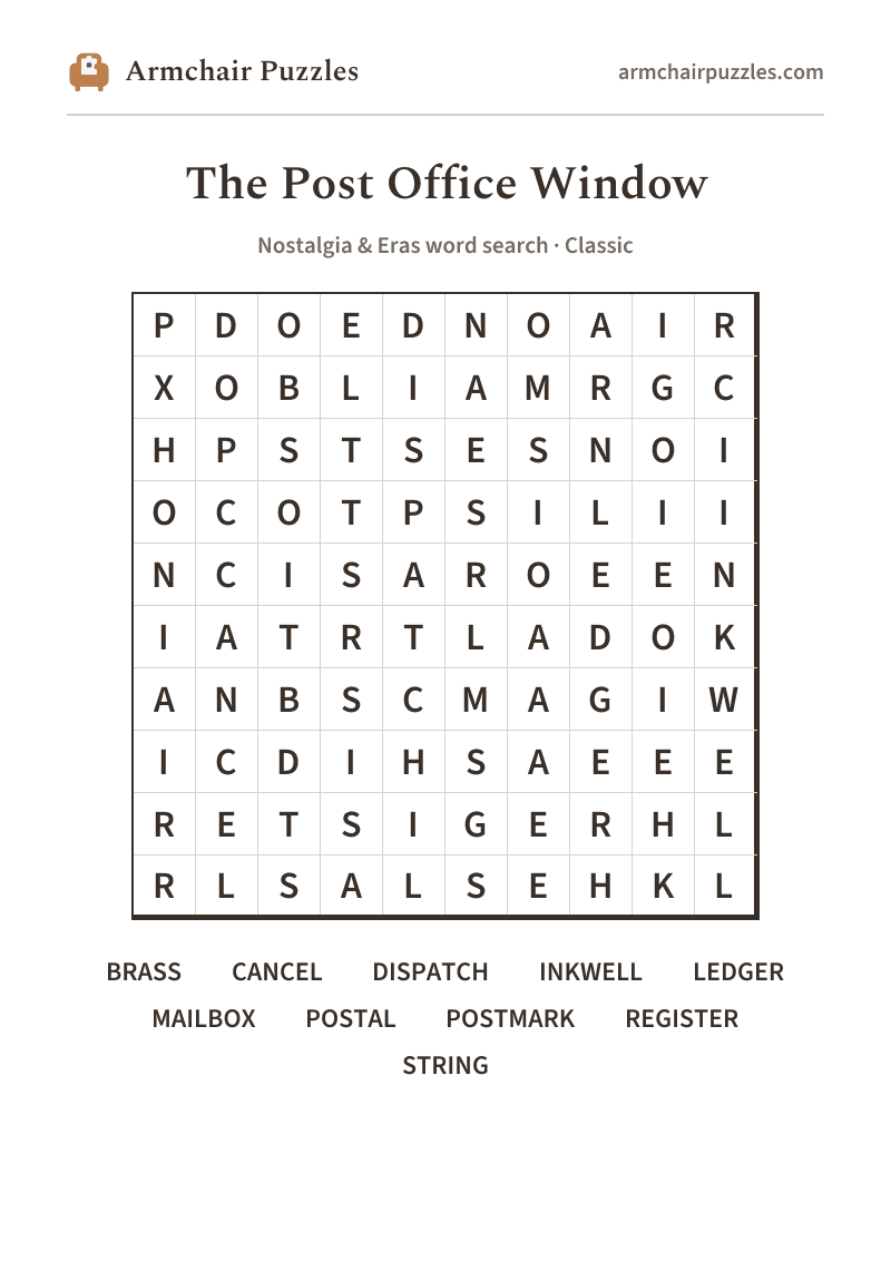 The printable The Post Office Window word search sheet in large print