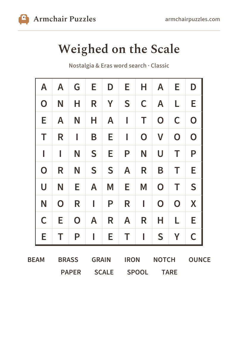 The printable Weighed on the Scale word search sheet: large-print Classic grid with its word list