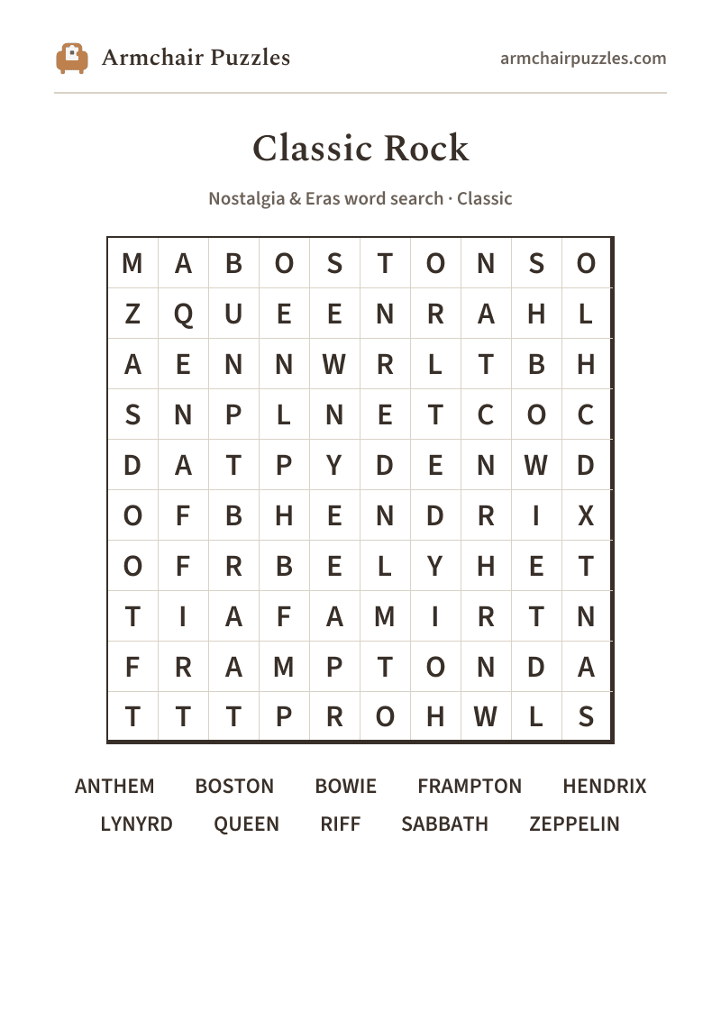 The printable Classic Rock word search sheet in large print