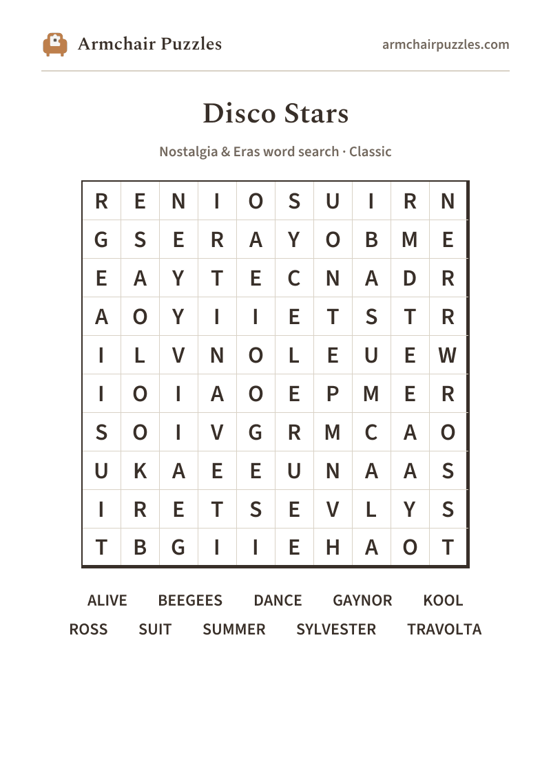 The printable Disco Nights word search sheet in large print