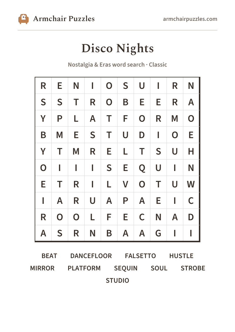The printable Disco Nights word search sheet