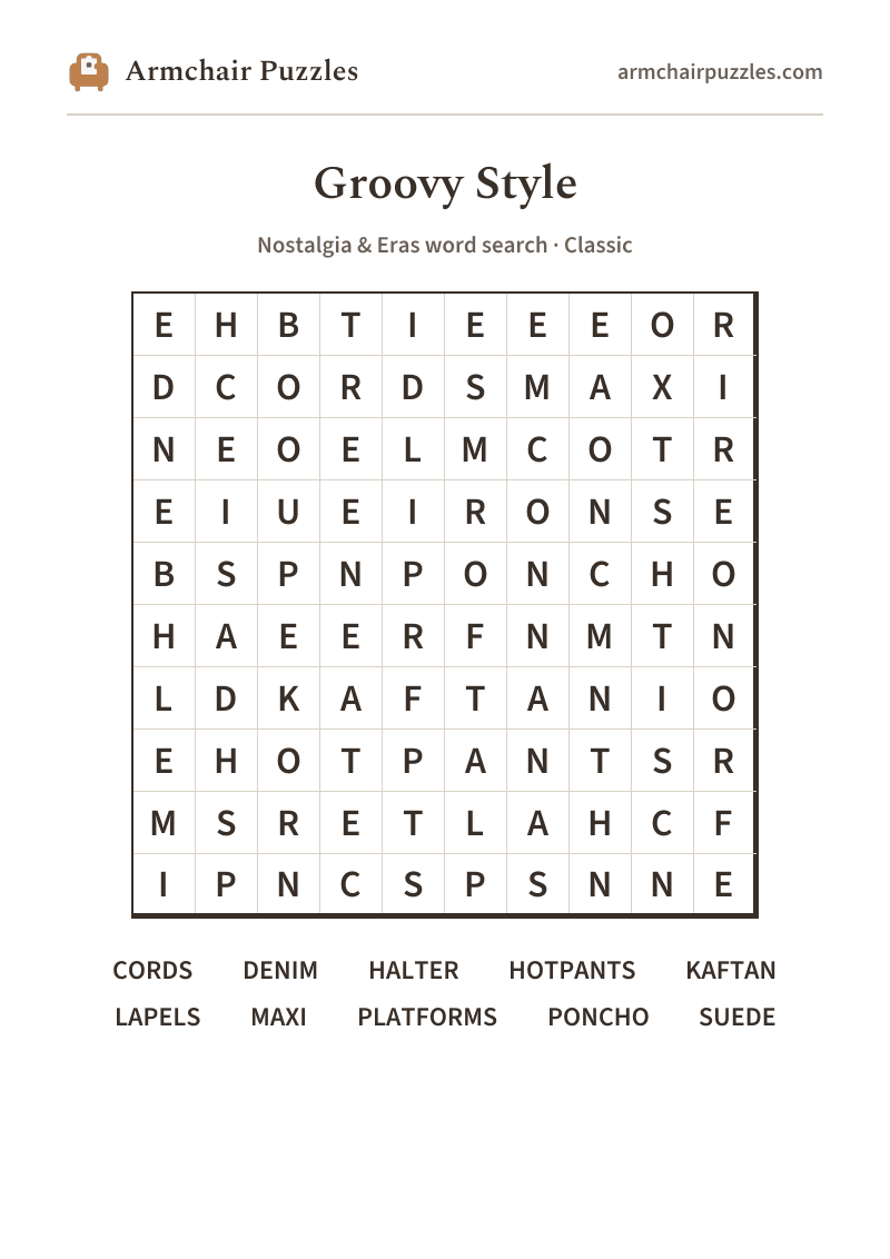 The printable Groovy Style word search sheet
