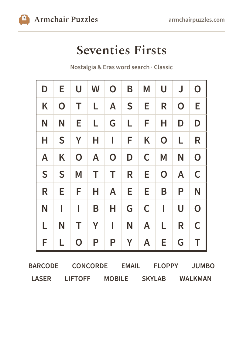 The printable Seventies Firsts word search sheet