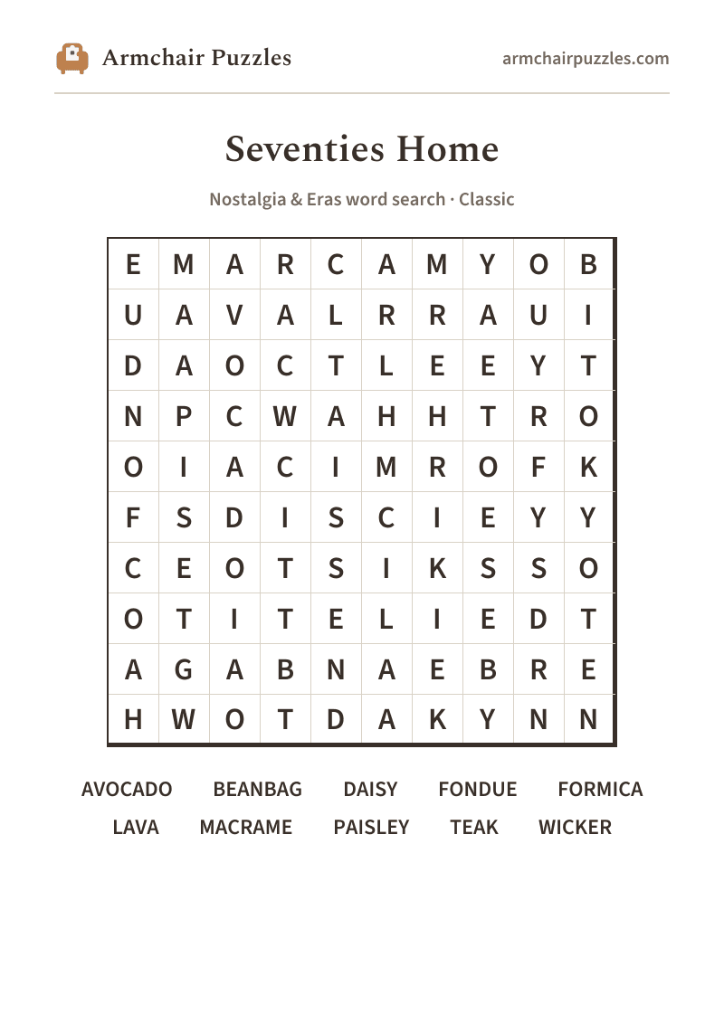 The printable Seventies Home word search sheet in large print
