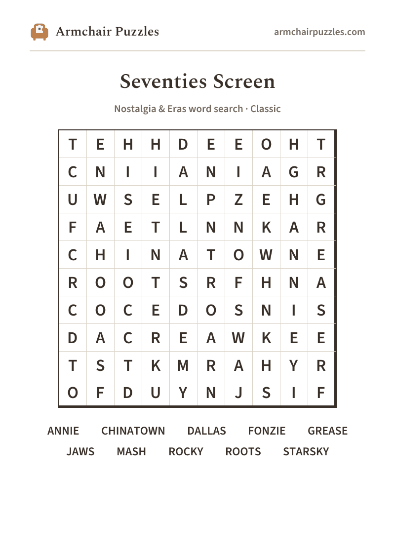The printable Seventies Screen word search sheet