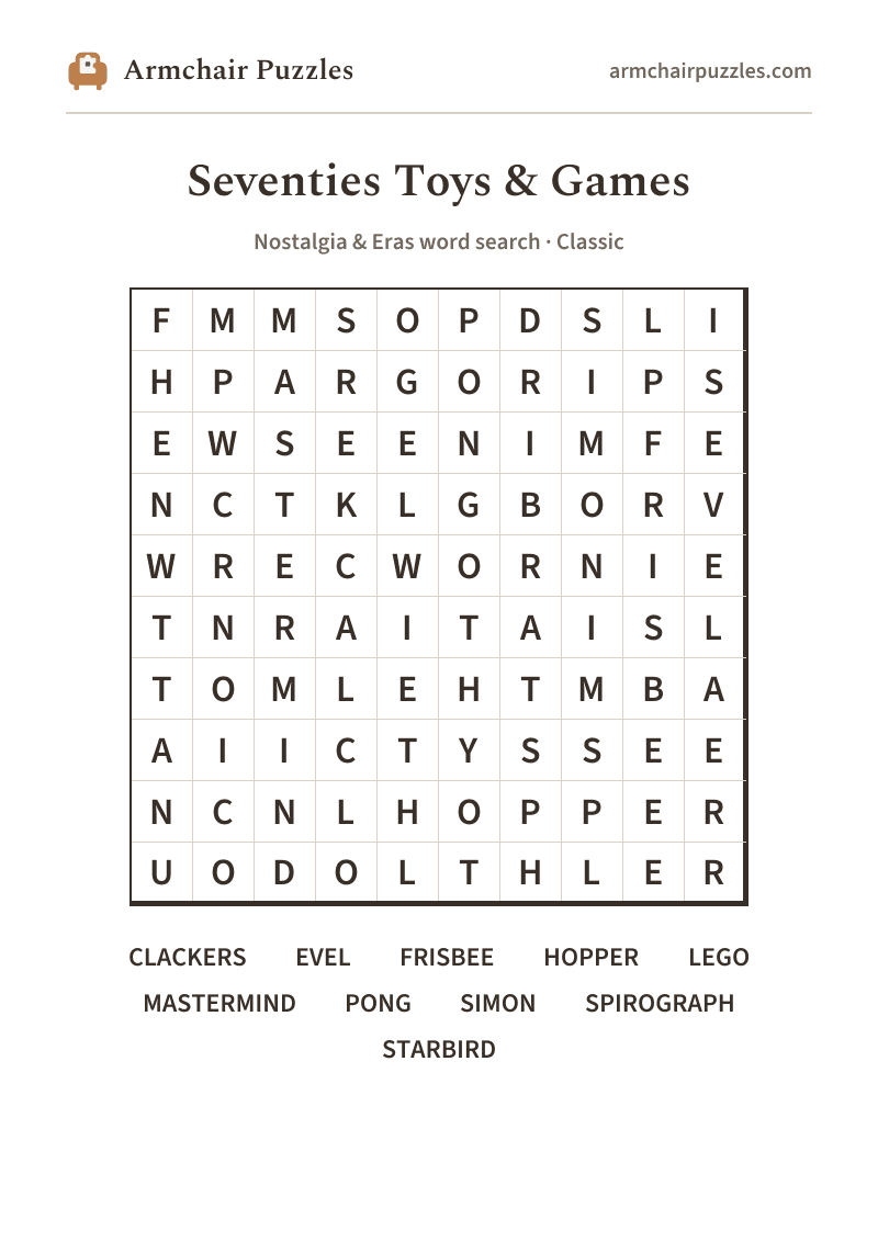 The printable Seventies Toys & Games word search sheet: large-print Classic grid with its word list