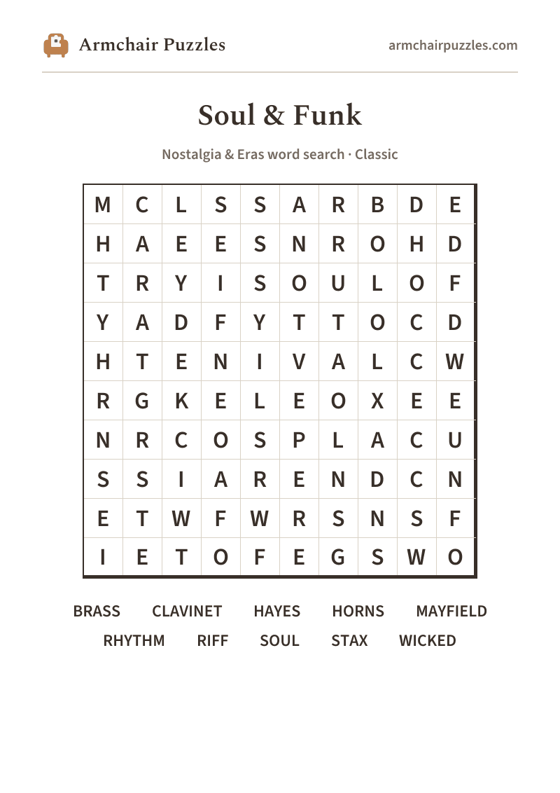 The printable Soul & Funk word search sheet