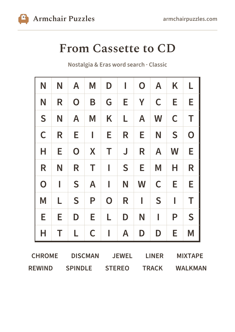 The printable From Cassette to CD word search sheet in large print