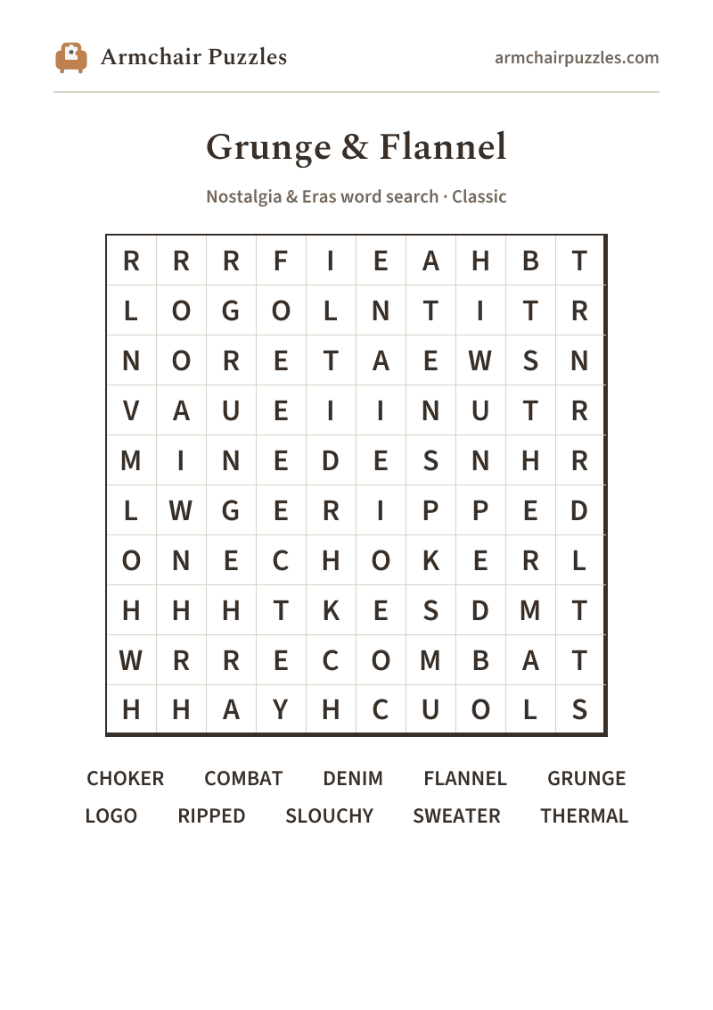 The printable Grunge & Flannel word search sheet