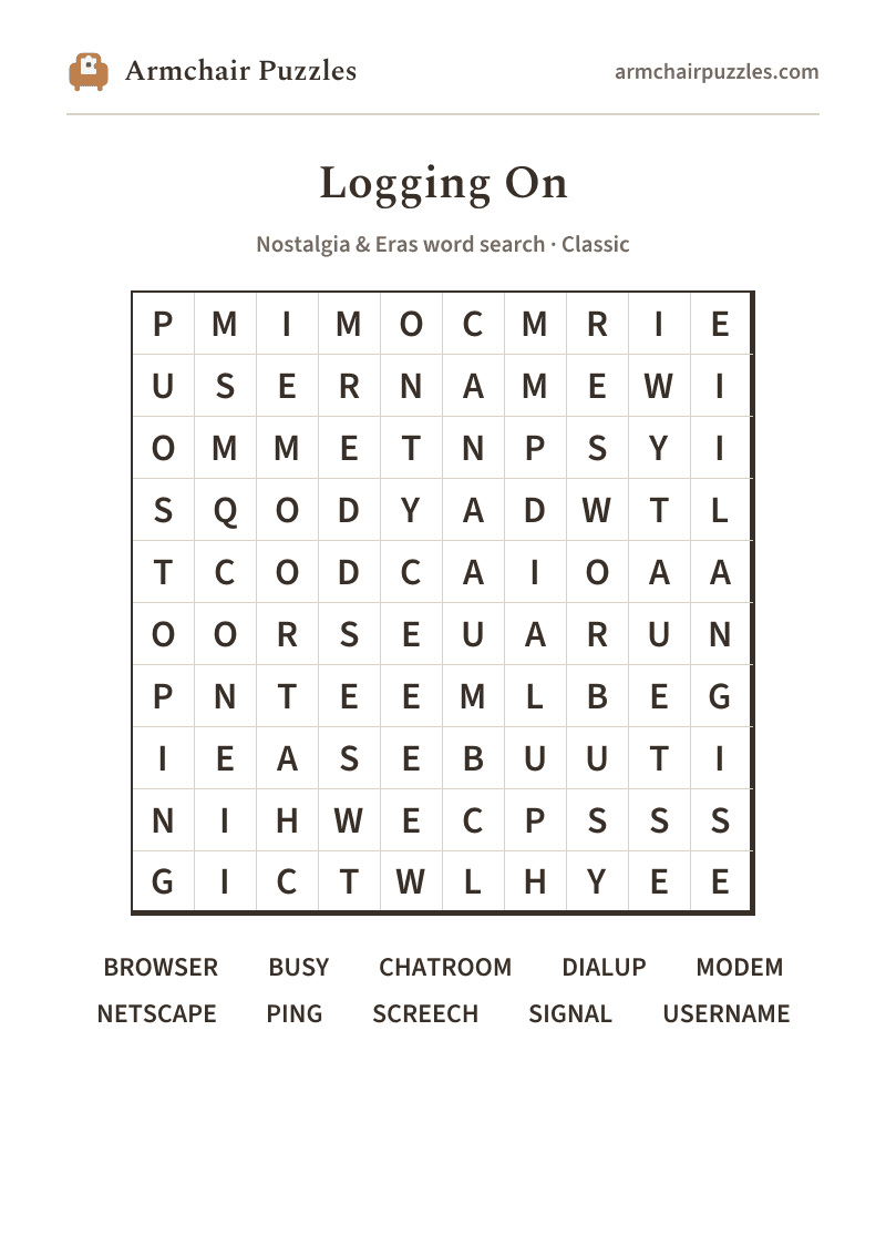 The printable Logging On word search sheet