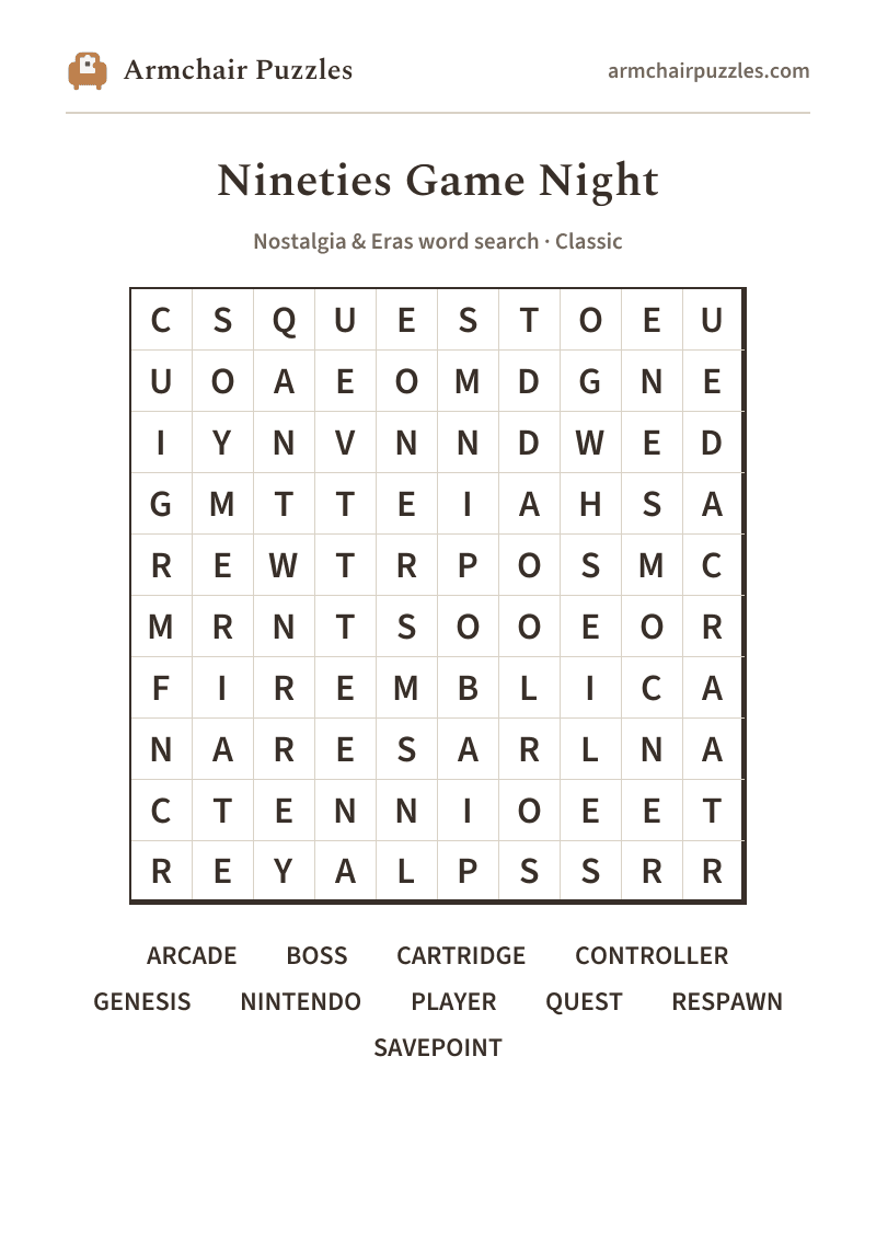 The printable Nineties Game Night word search sheet