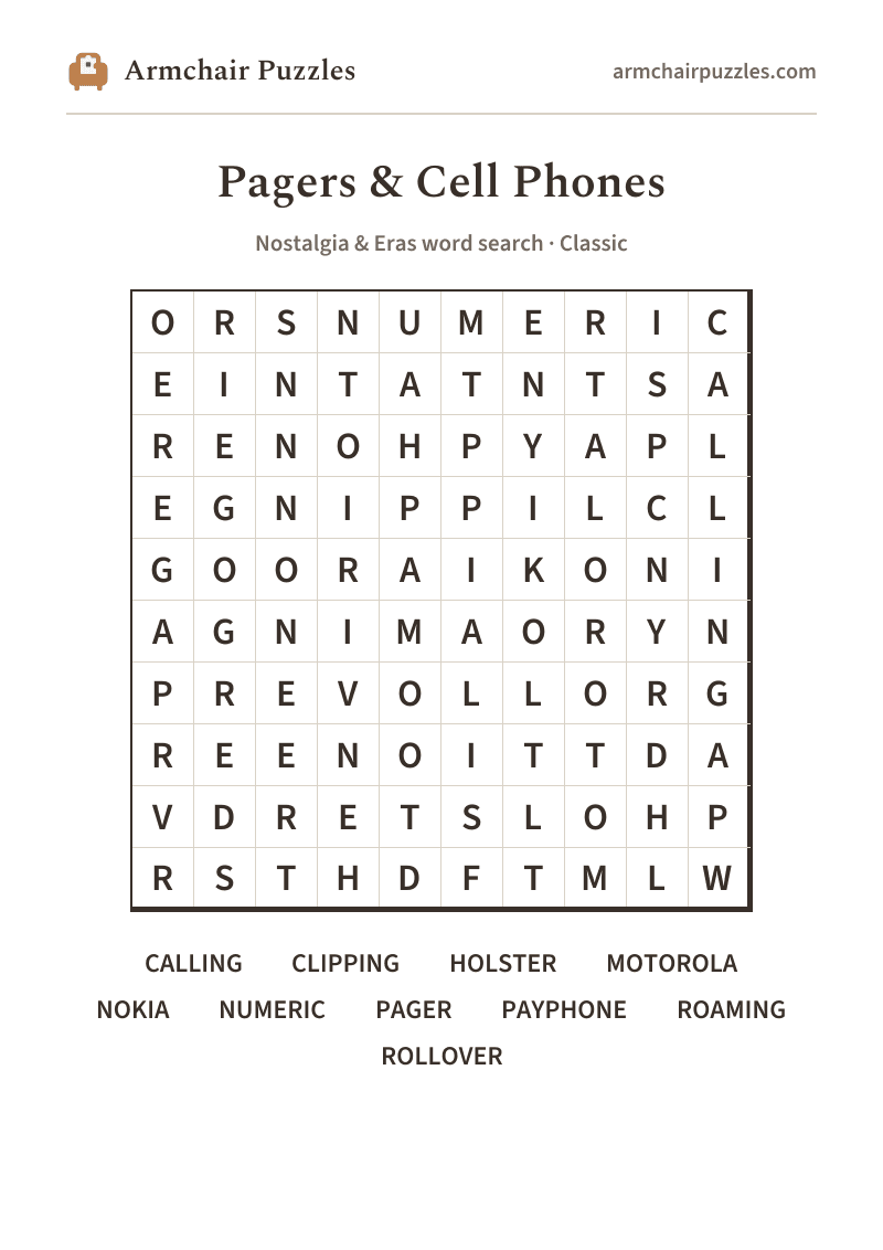 The printable Pagers & Cell Phones word search sheet