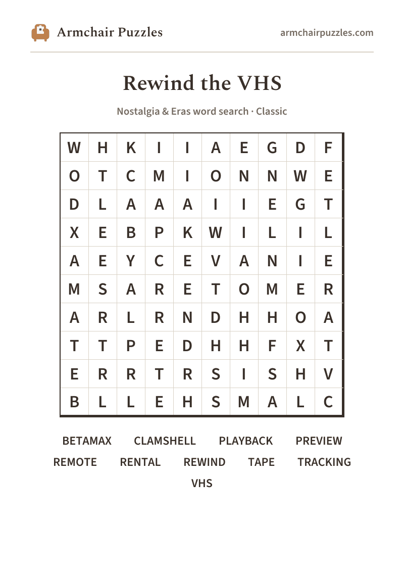 The printable Rewind the VHS word search sheet