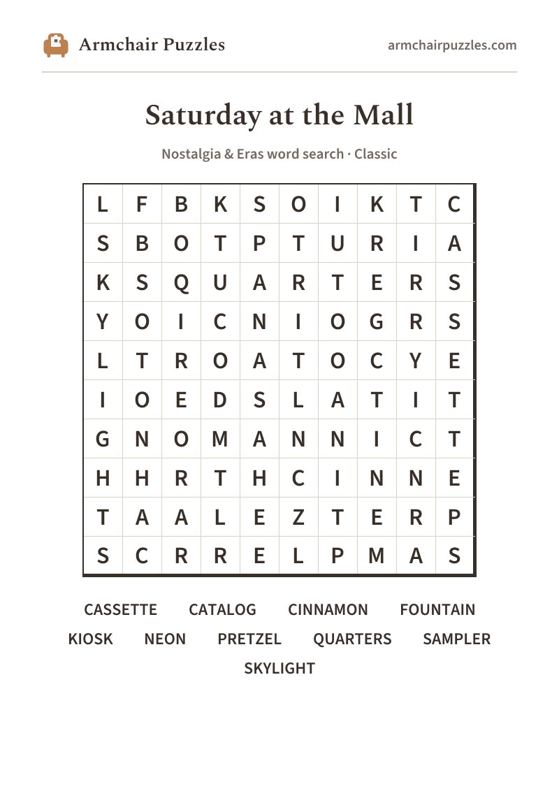 The printable Saturday at the Mall word search sheet