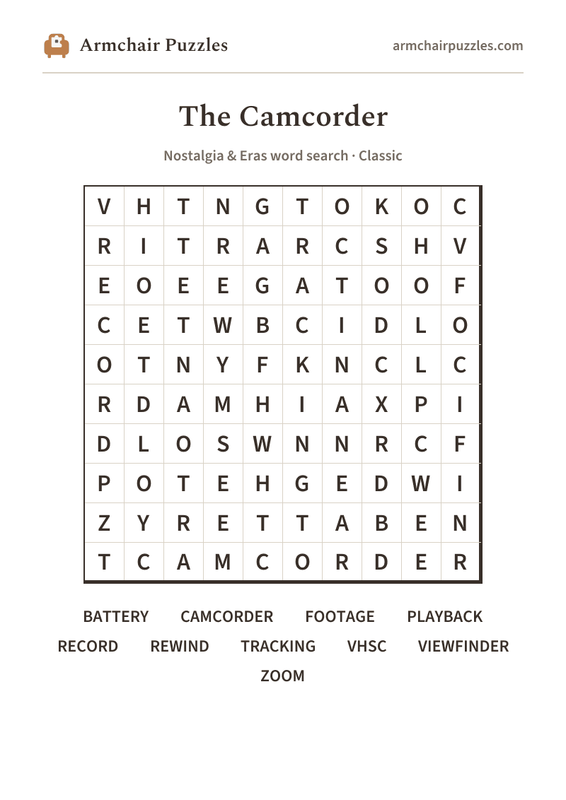 The printable The Camcorder word search sheet