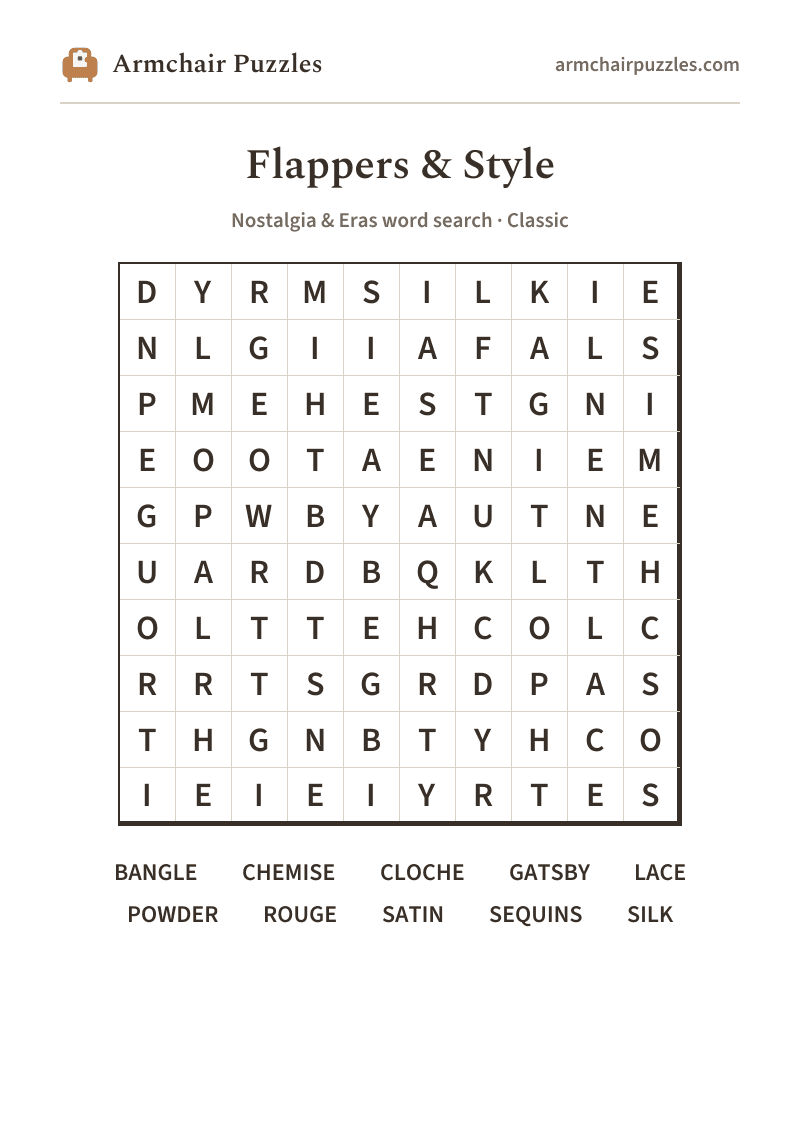 The printable Flappers & Style word search sheet: large-print Classic grid with its word list
