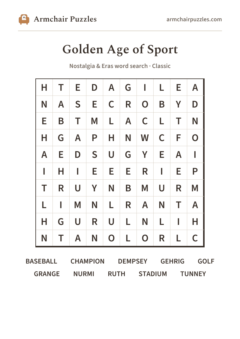 The printable Golden Age of Sport word search sheet in large print
