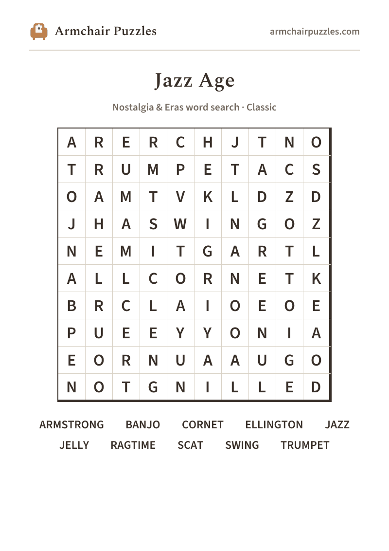The printable Jazz Age word search sheet