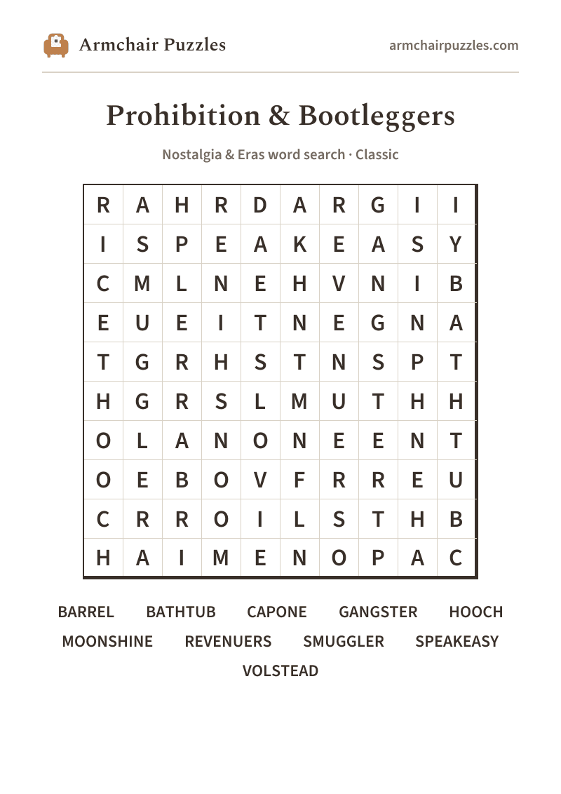 The printable Prohibition & Bootleggers word search sheet