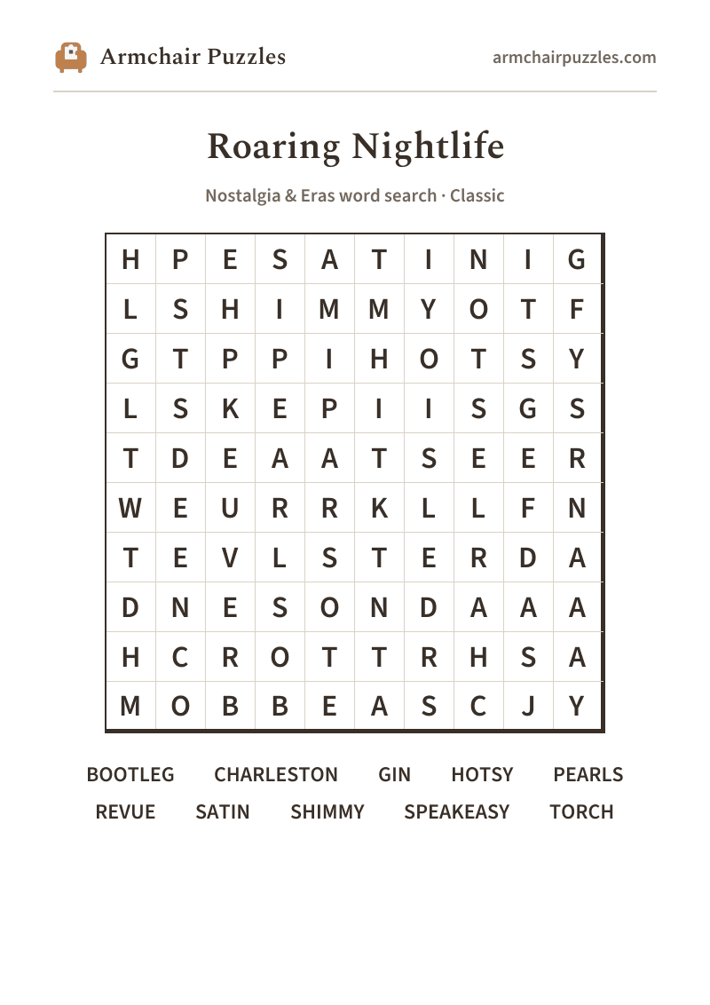 The printable Roaring Nightlife word search sheet