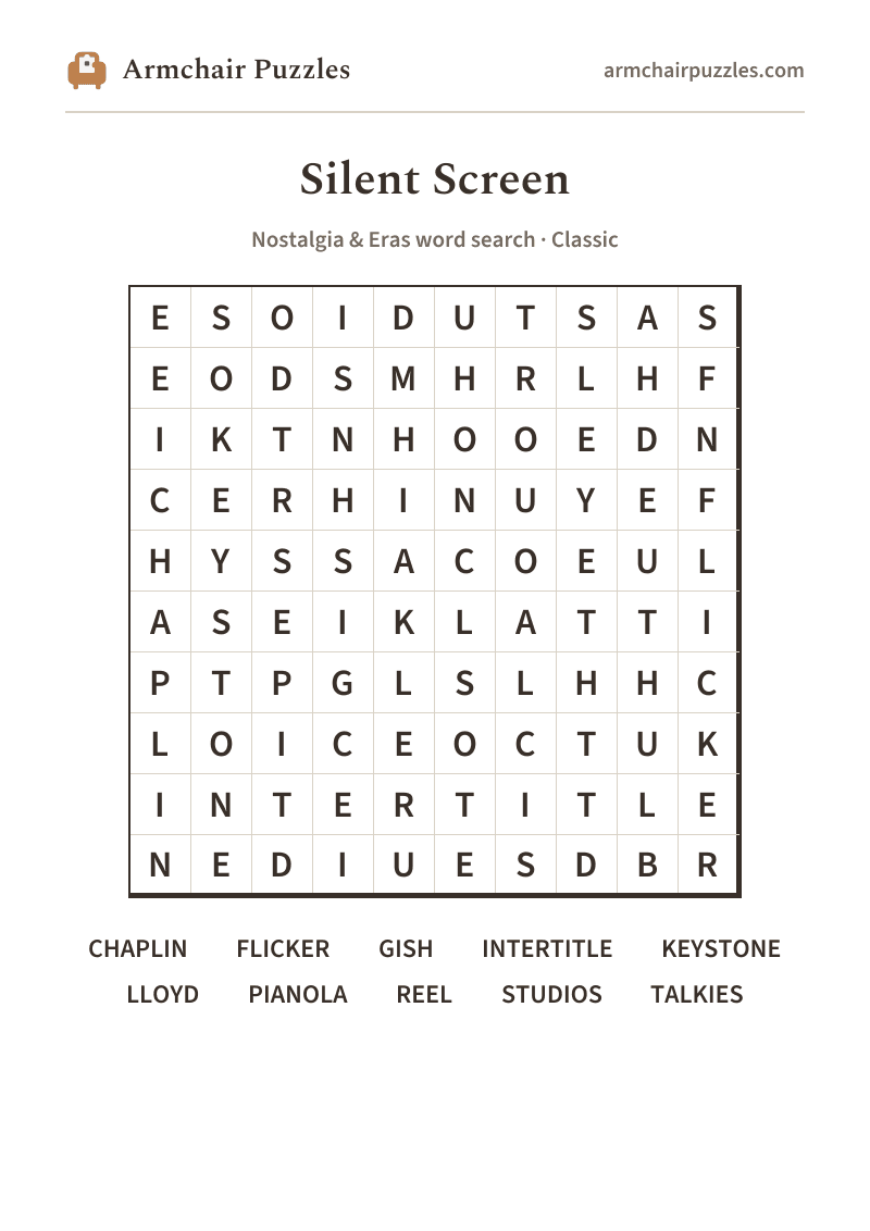 The printable Silent Screen word search sheet