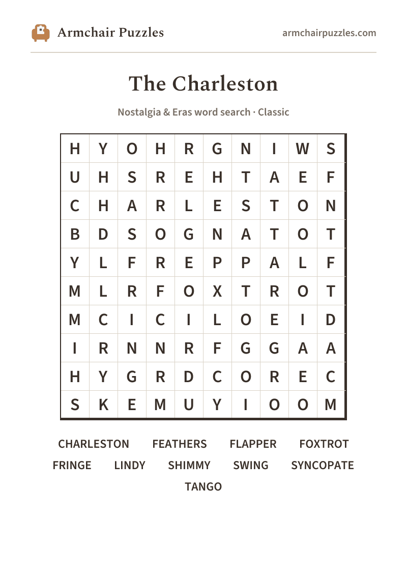 The printable The Charleston word search sheet