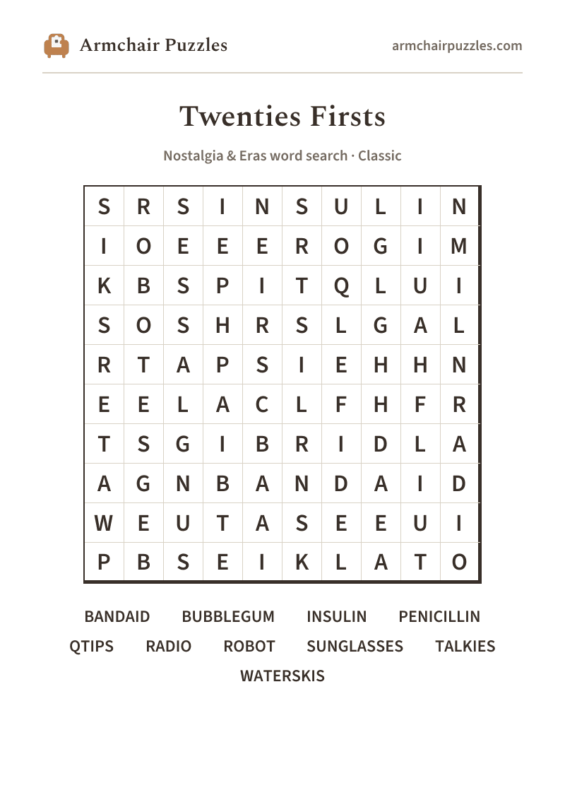The printable Twenties Firsts word search sheet