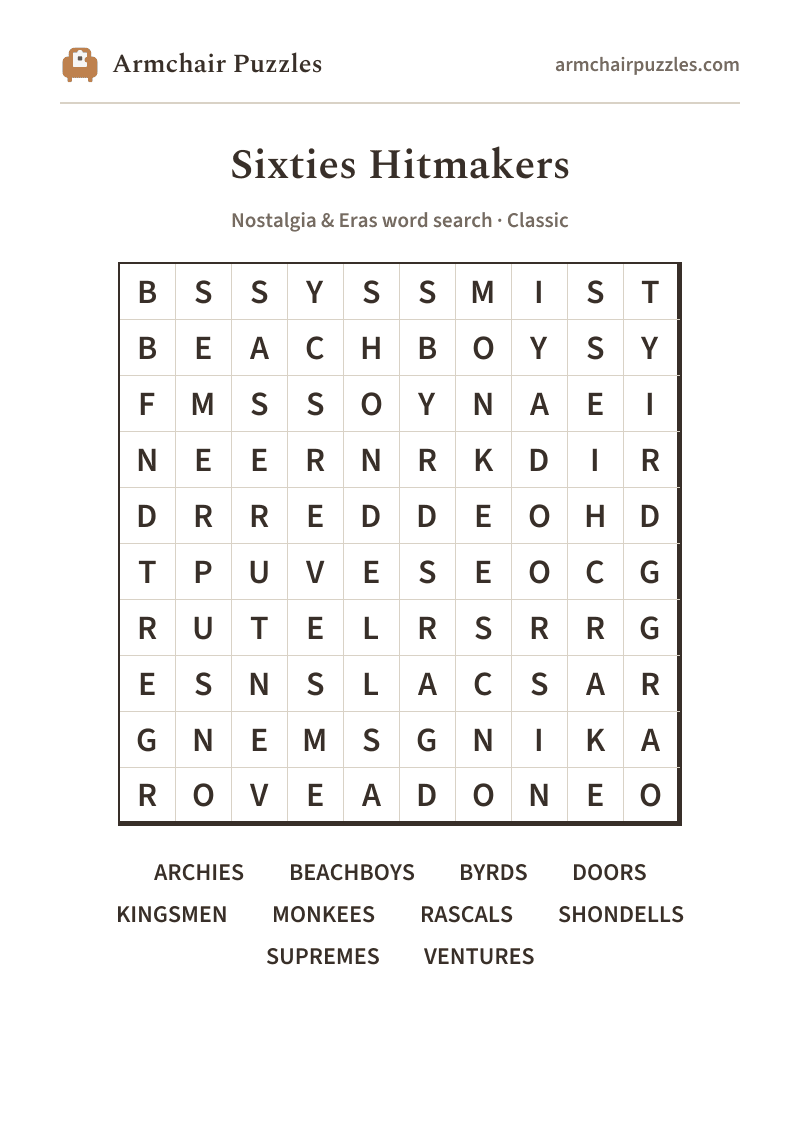 The printable 1960s Music word search sheet in large print