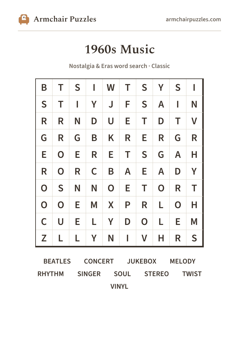The printable 1960s Music word search sheet