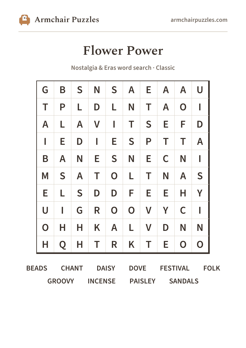 The printable Flower Power word search sheet