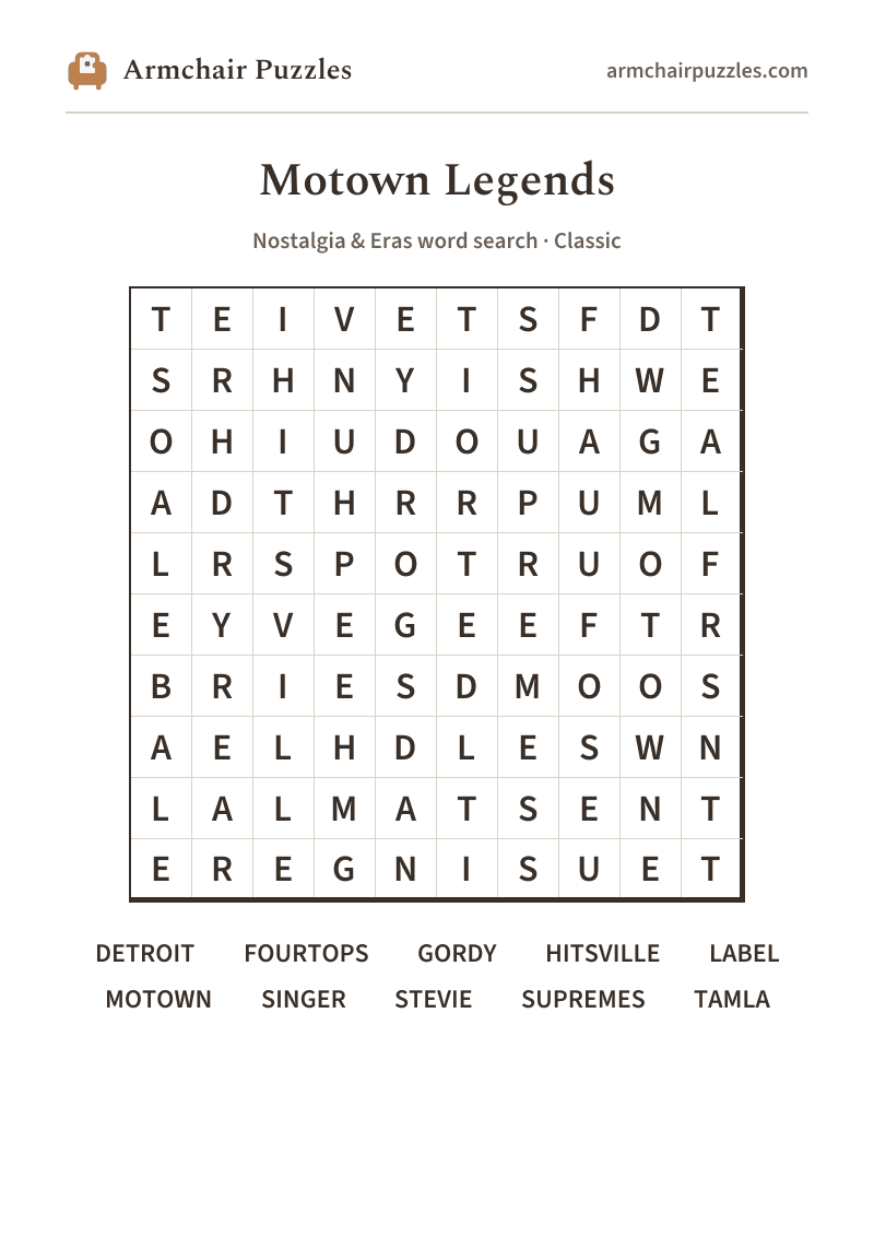 The printable Motown Legends word search sheet