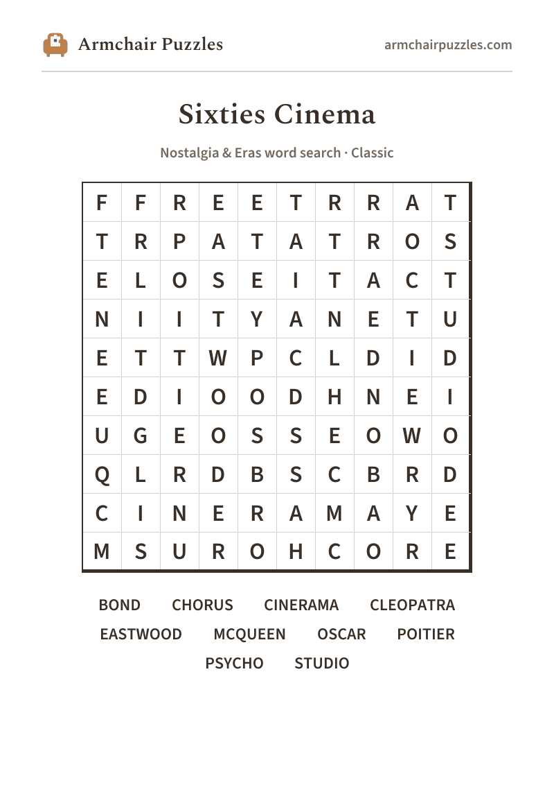 The printable Sixties Cinema word search sheet