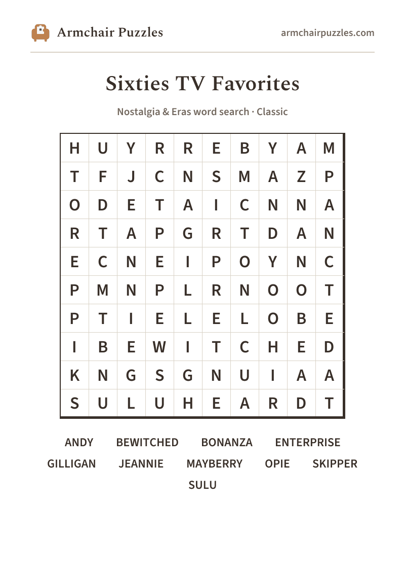 The printable Sixties TV Favorites word search sheet in large print