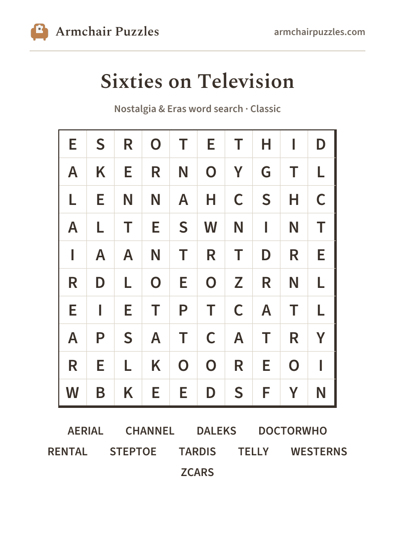 The printable Sixties on Television word search sheet