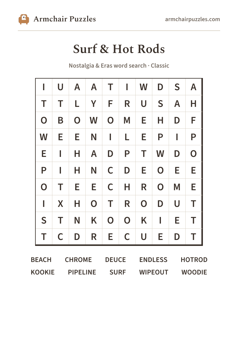 The printable Surf & Hot Rods word search sheet: large-print Classic grid with its word list