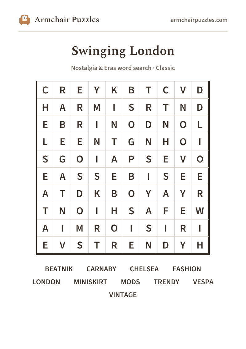 The printable Swinging London word search sheet