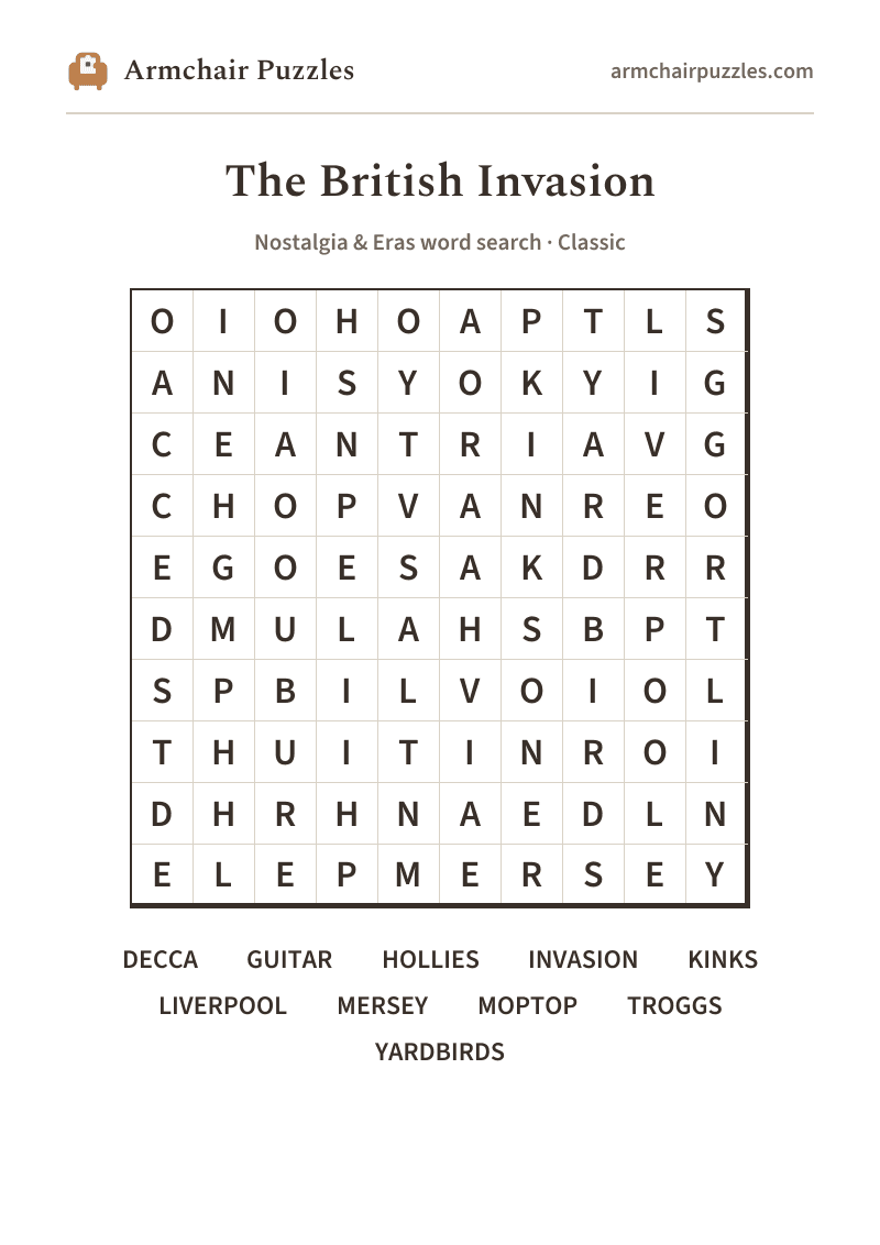 The printable The British Invasion word search sheet