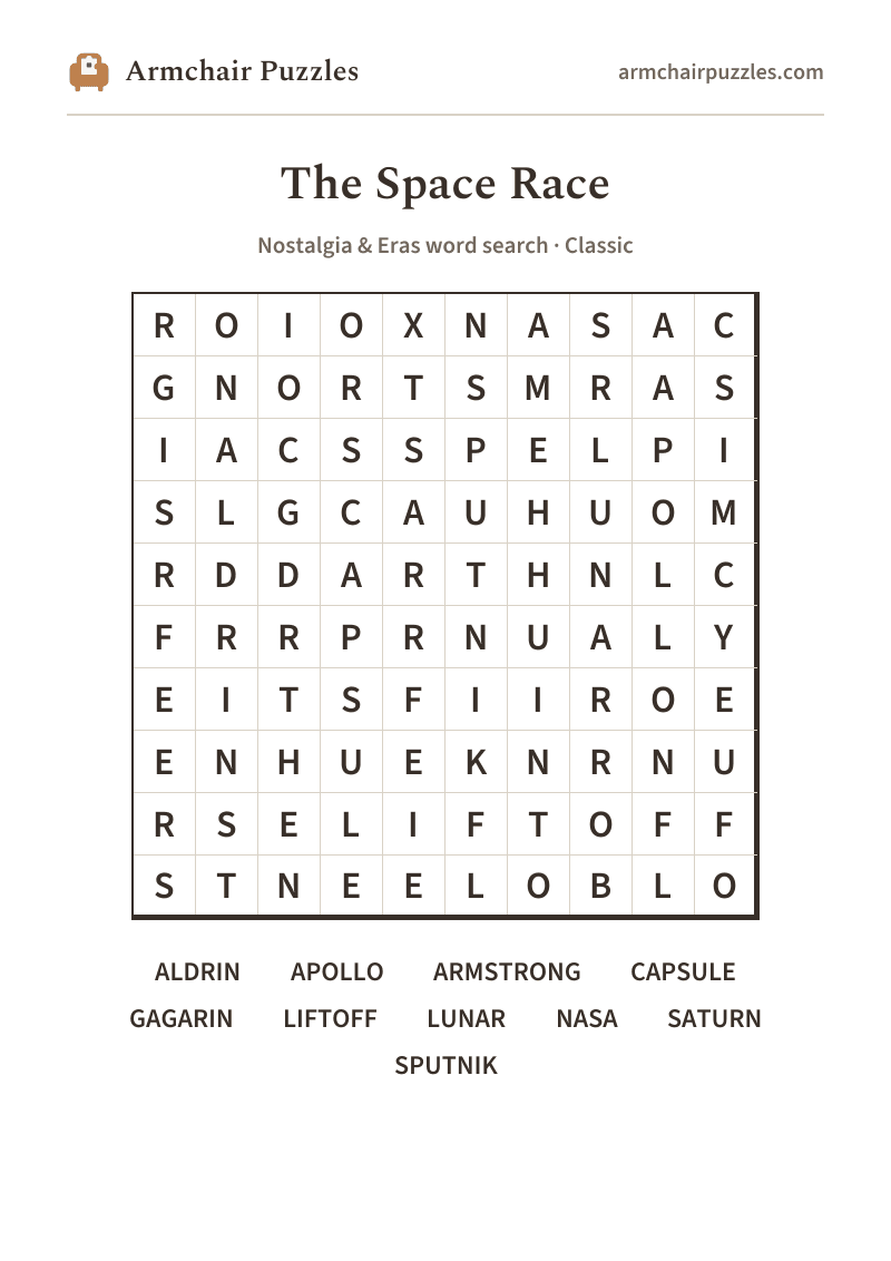The printable The Space Race word search sheet