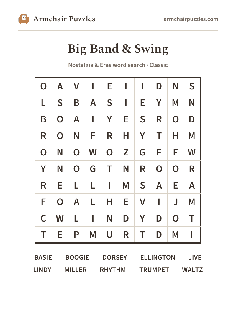 The printable Big Band & Swing word search sheet
