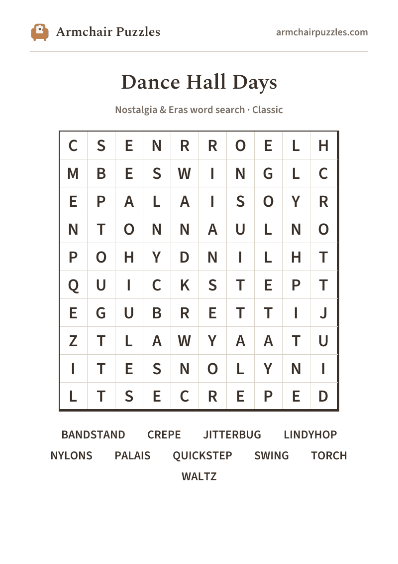 The printable Dance Hall Days word search sheet