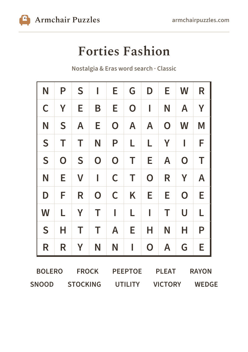 The printable Forties Fashion word search sheet