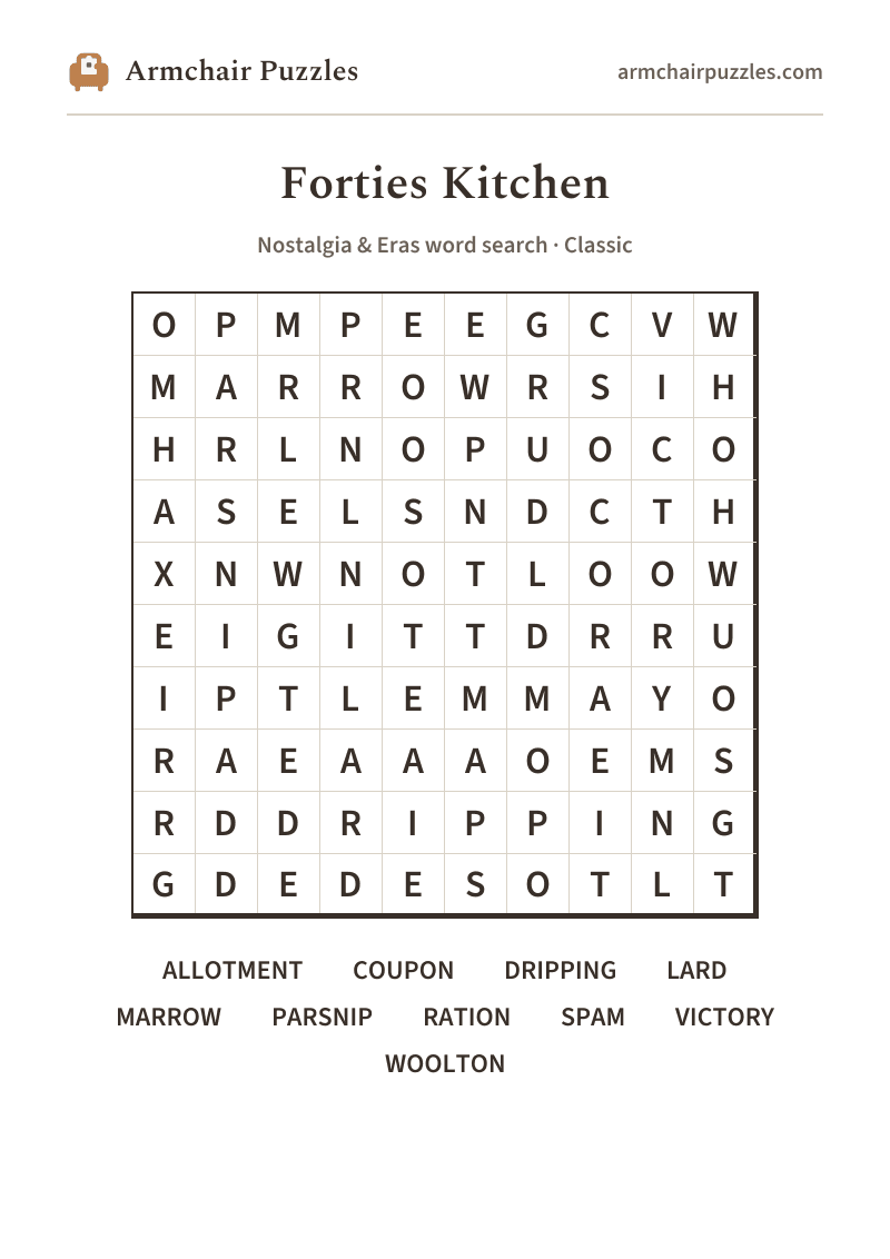 The printable Forties Kitchen word search sheet