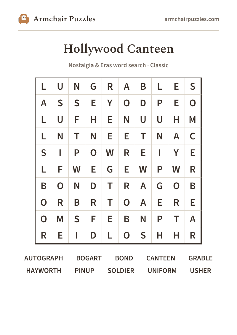 The printable Hollywood Canteen word search sheet