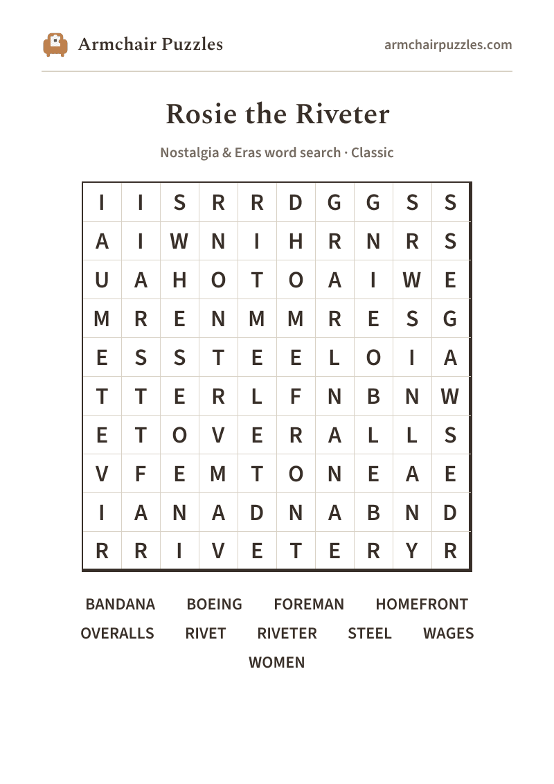 The printable Rosie the Riveter word search sheet