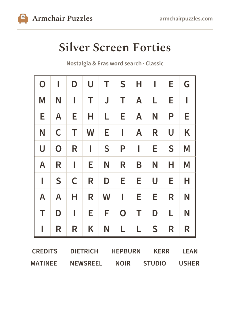 The printable Silver Screen Forties word search sheet