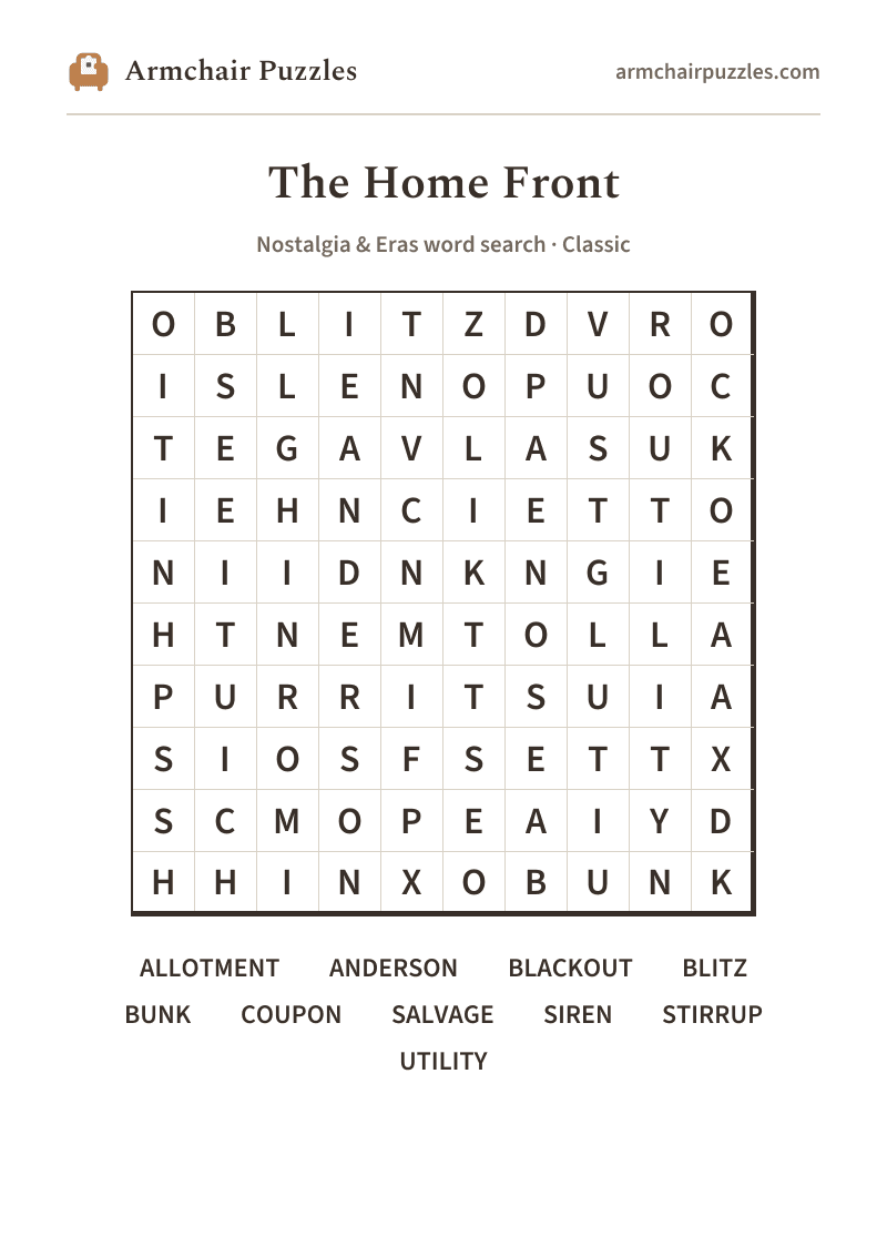 The printable The Home Front word search sheet