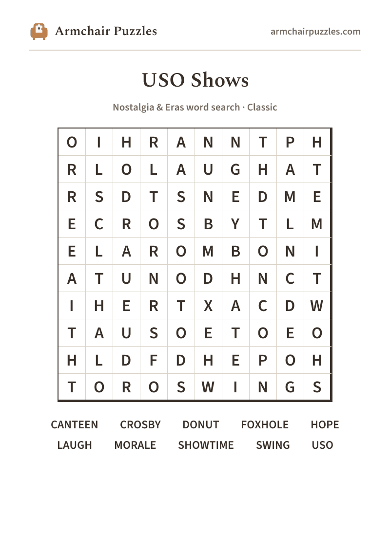 The printable USO Shows word search sheet