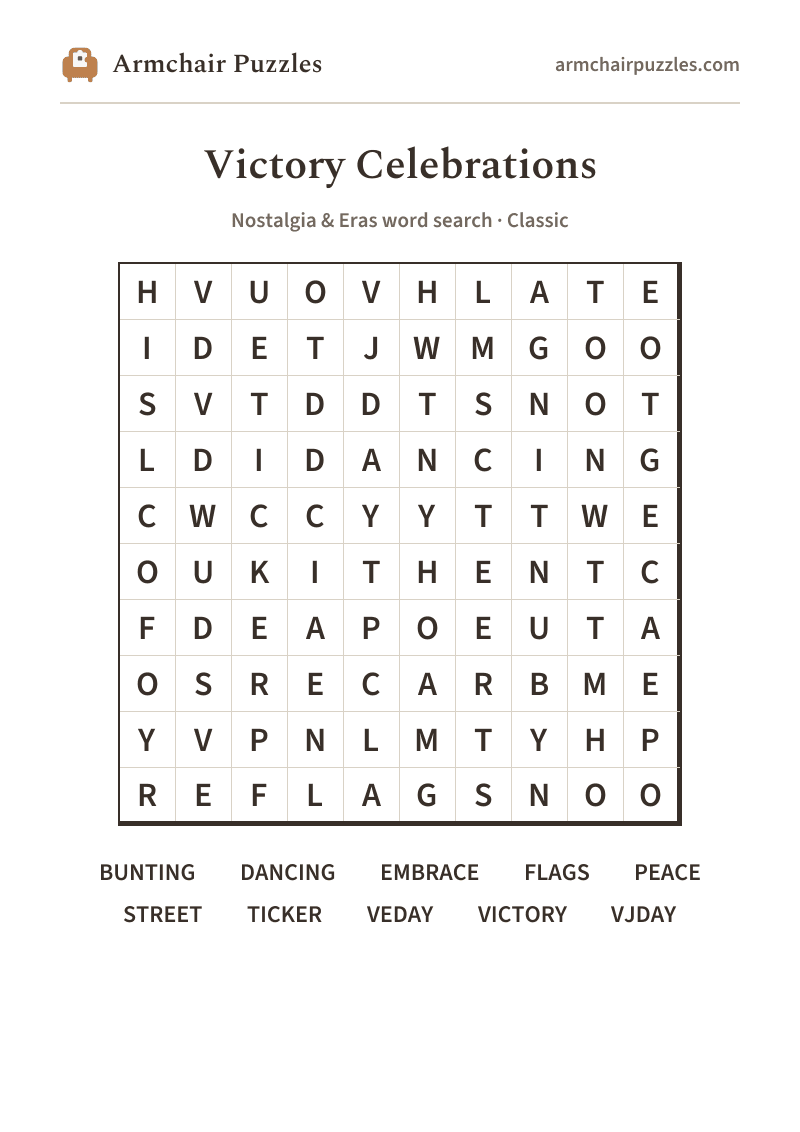 The printable Victory Celebrations word search sheet