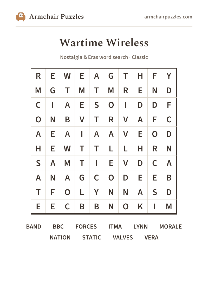 The printable Wartime Wireless word search sheet