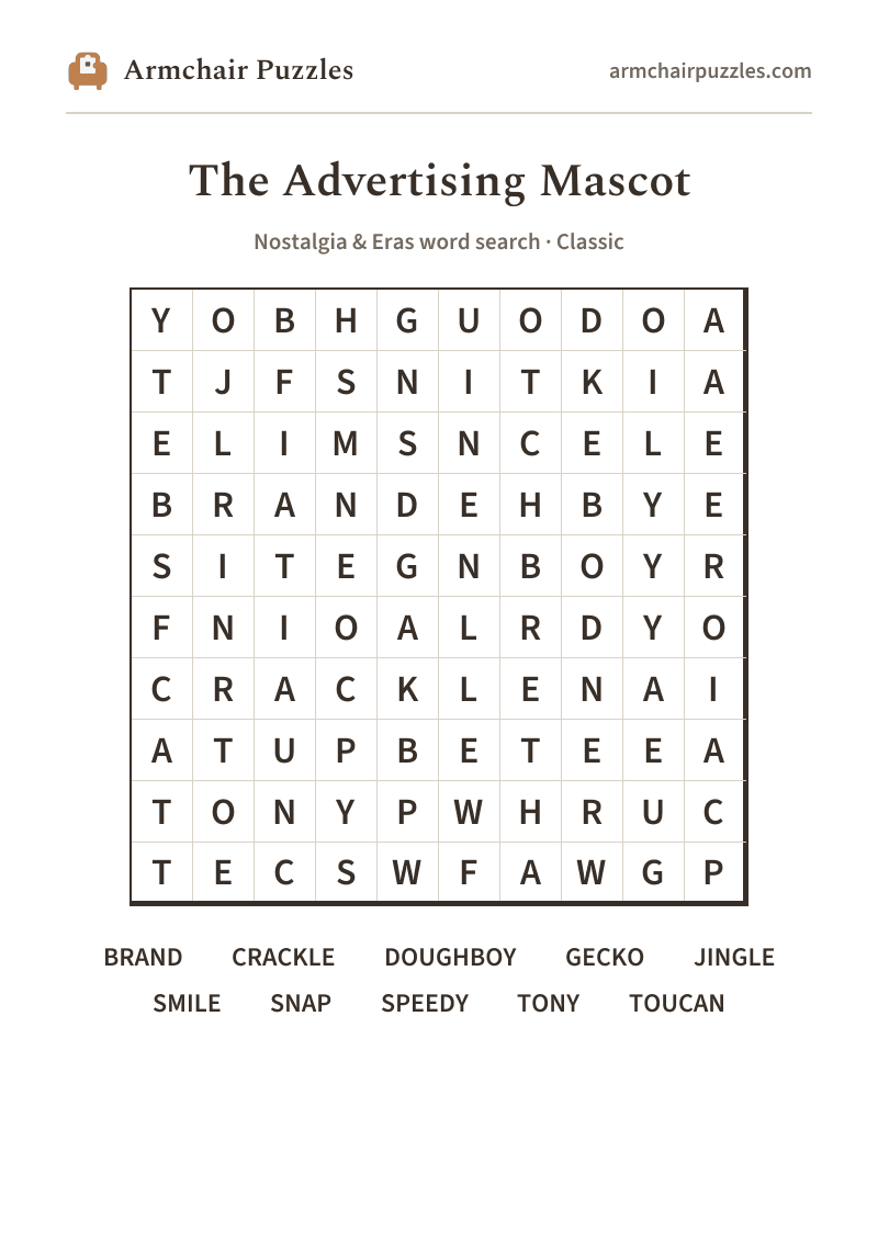 The printable The Advertising Mascot word search sheet